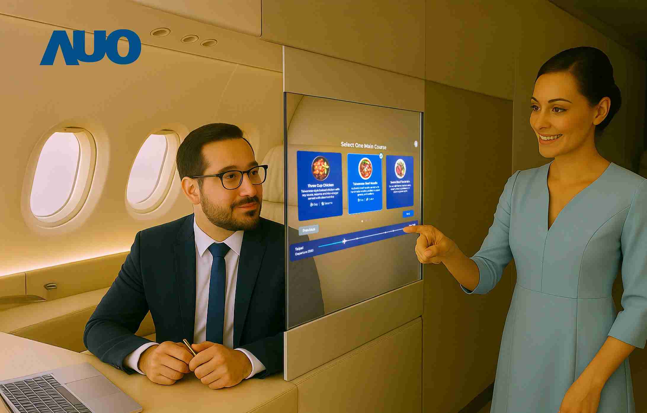 CG电子研发全球最薄17.3 吋双面透明 Micro LED 显示器，，可在同一屏幕之双边投射不同信息，，，创造独特的”透明化”互动；图为实时翻译交流应用情境